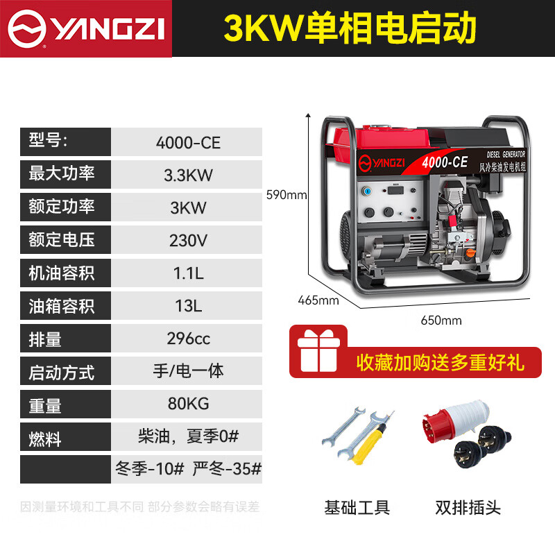 揚子發(fā)電機柴油4000-CE 3KW電啟動(dòng)單相220V【下架】